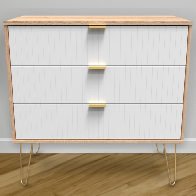 Crowndale 3 Drawer White Matt and Bardolino Oak Wide Chest of Drawers Ready Assembled - Wilko - image 1