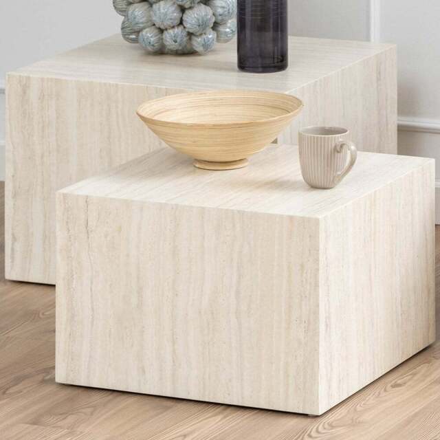 Florence Dice Square Light Travertine Effect Coffee Table Set of 2 - Brown - Furniture To Go - Wilko - image 1