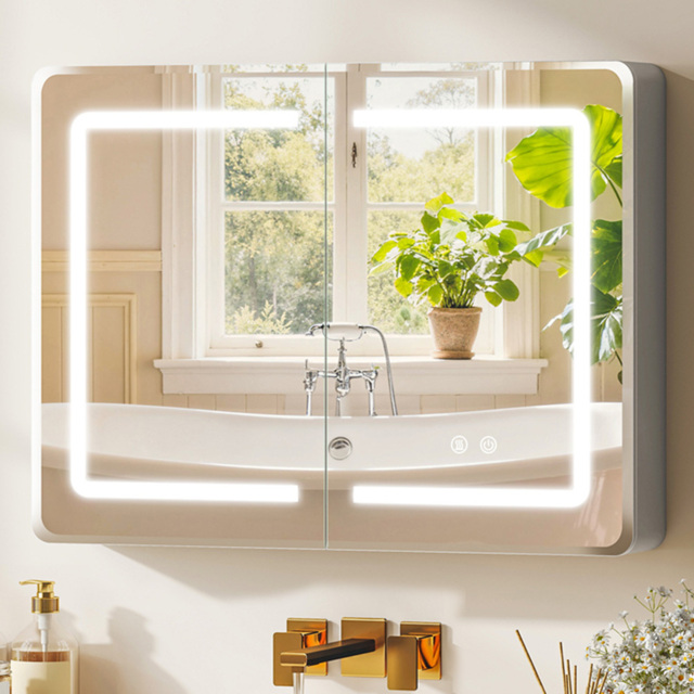 Portland LED Bathroom Mirror Cabinet with Double Sided Mirror 60 x 80cm - Size: 60 x 13.5 x 80cm - Silver - Wilko - image 1