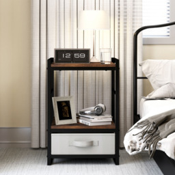 Costway Single Drawer 2 Shelf Rustic Brown Wooden Nightstand with Fabric Drawer - Wilko - thumbnail 4