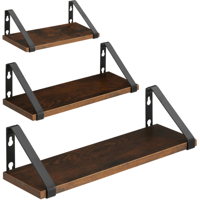 tectake Dark Wood Wall Shelf Set of 3 - Size: 12 x 12 x 40cm - Brown - Wilko - image 1