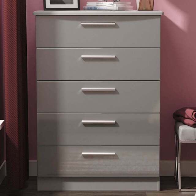 Crowndale Knightsbridge 5 Drawer Grey Gloss and Dusk Grey Chest of Drawers Ready Assembled - Grey Gloss & Dusk Grey - Wilko - image 1