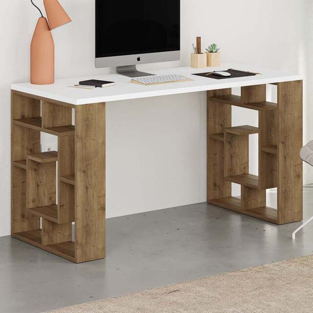 Decortie Labirent Bookshelf Leg Modern Computer Desk White and Oak Effect - Size: 75 x 137 x 60cm - Multi - Wilko - image 1