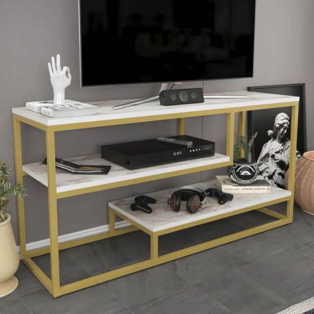 Decorotika Lorin 3 Shelf White Marble and Gold TV Unit - Size: 60 x 120 x 35cm - Multi - Wilko - image 1