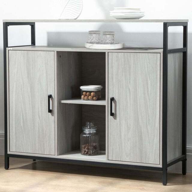 Portland Modern 2 Door 3 Shelf Light Grey Steel Frame Sideboard - Size: 100 x 34 x 88cm - Wilko - image 1