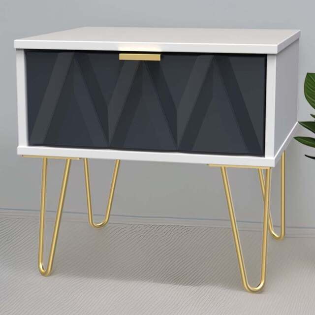 Crowndale Diamond Single Drawer Indigo Matt and White Side Table Ready Assembled - Size: 43 x 45 x 40cm - Indigo Matt & White - Wilko - image 1