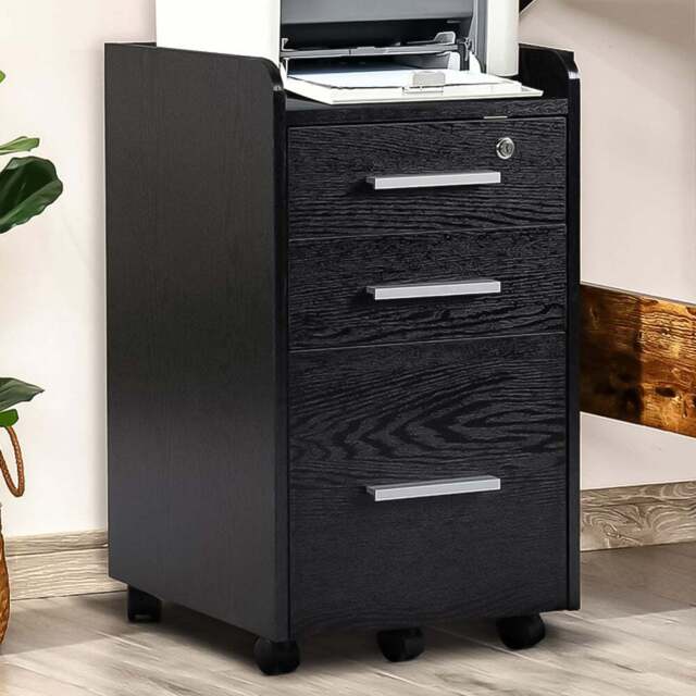 HOMCOM 3 Drawer Black Lockable Mobile Filing Cabinet - Wilko - image 1
