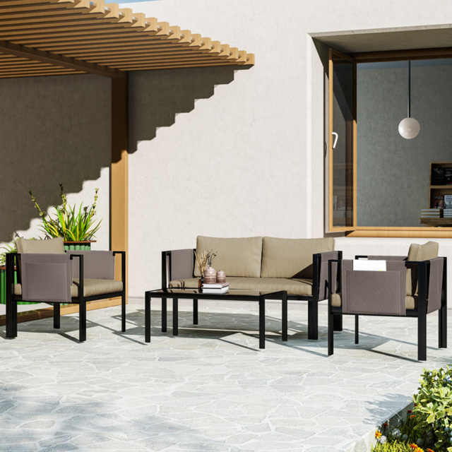 Outsunny 4 Seater Khaki Garden Sofa Set with Tempered Glass Coffee Table - Cream - Wilko - image 1