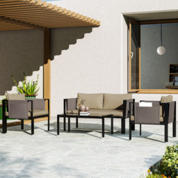 Outsunny 4 Seater Khaki Garden Sofa Set with Tempered Glass Coffee Table - Cream - Wilko - thumbnail 1