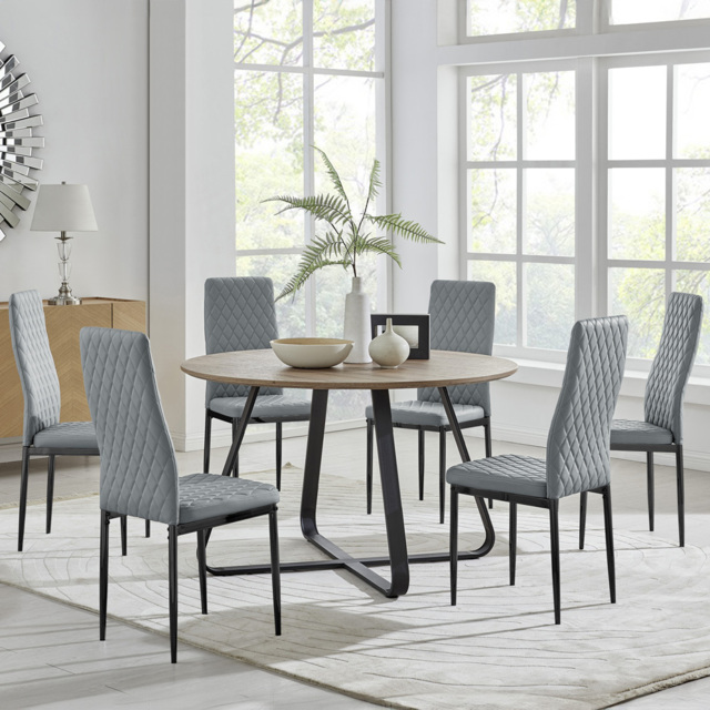 Furniturebox Fira Valera Wood Effect 6 Seater Round Dining Set Brown Grey and Black - Wilko - image 1