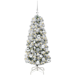 vidaXL Pre-Lit Warm White LED and Silver Baubles Snow Flocked Artificial Christmas Tree 3.9ft - Green - Wilko