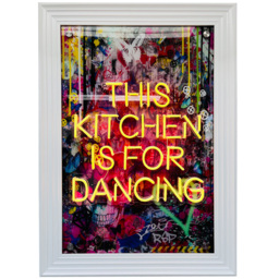 Splashbax This Kitchen is for Dancing White Premium Gallery Frame LED Neon Wall Art - Size: 105 x 75 x 7cm - Multi - Wilko