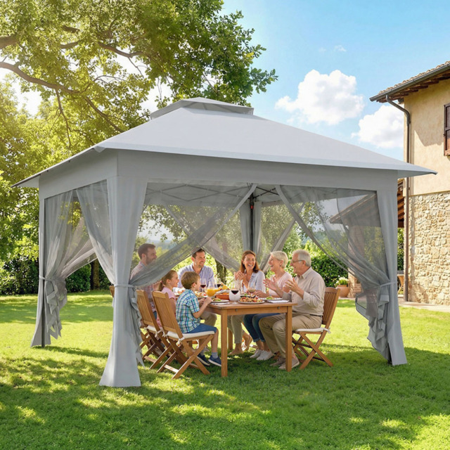 Outsunny 3 x 3m 2-Tier Grey Pop Up Gazebo with Mesh Curtains - Size: 4 x 4m - Wilko - image 1