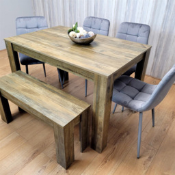 Portland 6 Seater Dining Set Rustic Effect and Grey Velvet with Bench - Multi - Wilko - thumbnail 3