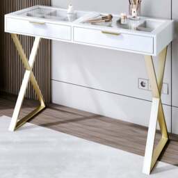 CARME Home Jess 2 Drawers White and Gold Glass top Dressing Table - Size: 34 x 50 x 123cm - Wilko