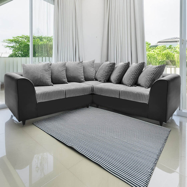 Luxor 5 Seater Black and Grey Jumbo Cord Scatter Back L Shaped Corner Sofa Set - Multi - Wilko - image 1