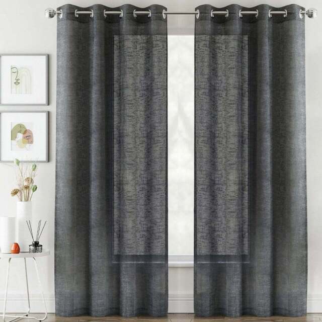 Tyrone Textiles Crete Charcoal Linen Look Eyelet Voile Panel Curtains 140 x 137cm - Size: W 140 x D 137cm - Wilko - image 1