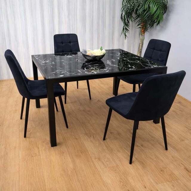 Portland Marble Effect Glass 4 Seater Velvet Dining Set Black - Wilko - image 1