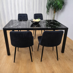 Portland Marble Effect Glass 4 Seater Velvet Dining Set Black - Wilko - thumbnail 3