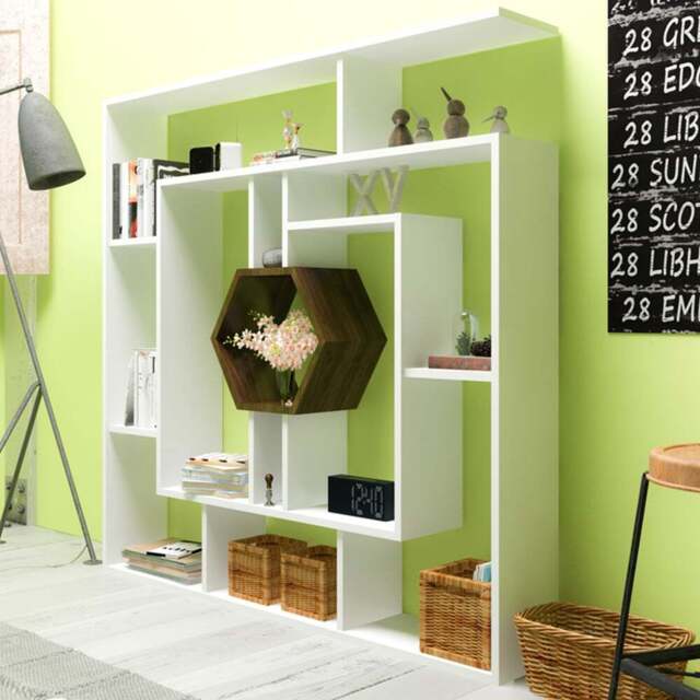 Decorotika Labrina 12 Shelf White and Walnut Hexagonal Geometric Bookcase - Size: 134 x 134 x 22cm - Multi - Wilko - image 1