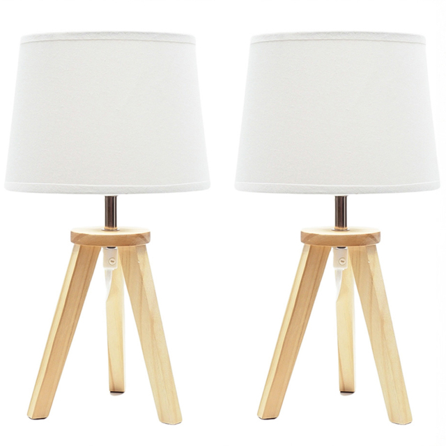 ValueLights Set of 2 Jackson Fabric Shade Natural Wood Tripod LED Table Lamp - Cream - Wilko - image 1
