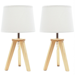 ValueLights Set of 2 Jackson Fabric Shade Natural Wood Tripod LED Table Lamp - Cream - Wilko