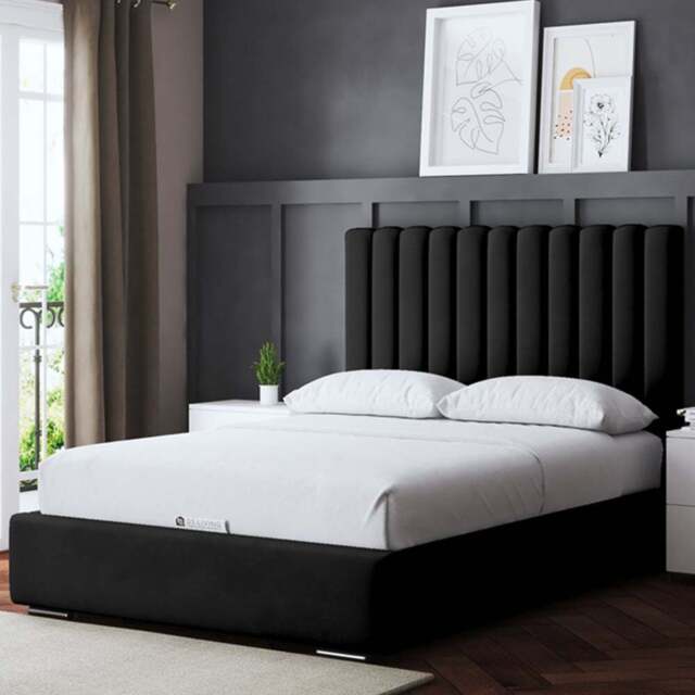 DS Living Evangeline Double Black Upholstered Bed Frame with Headboard - Wilko - image 1