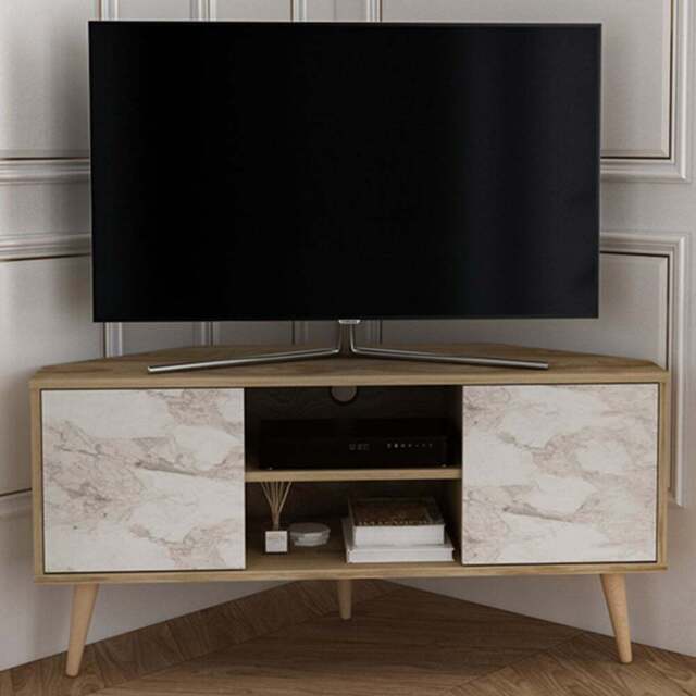 Decorotika Lesson 2 Door 2 Shelf Oud and White Marble Effect Corner TV Stand - Size: 16.6 x 120 x 59.8cm - Multi - Wilko - image 1