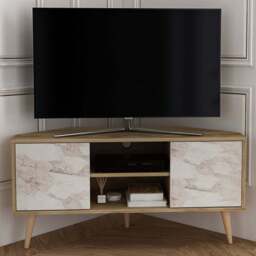 Decorotika Lesson 2 Door 2 Shelf Oud and White Marble Effect Corner TV Stand - Size: 16.6 x 120 x 59.8cm - Multi - Wilko