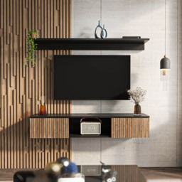Decorotika Elia 2 Door Single Shelf Black and Alina Floating TV Unit with Wall Shelf - Size: 25.6 x 140 x 30cm - Multi - Wilko - thumbnail 7