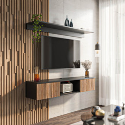 Decorotika Elia 2 Door Single Shelf Black and Alina Floating TV Unit with Wall Shelf - Size: 25.6 x 140 x 30cm - Multi - Wilko - thumbnail 6