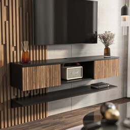 Decorotika Elia 2 Door Single Shelf Black and Alina Floating TV Unit with Wall Shelf - Size: 25.6 x 140 x 30cm - Multi - Wilko