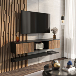 Decorotika Elia 2 Door Single Shelf Black and Alina Floating TV Unit with Wall Shelf - Size: 25.6 x 140 x 30cm - Multi - Wilko - thumbnail 4