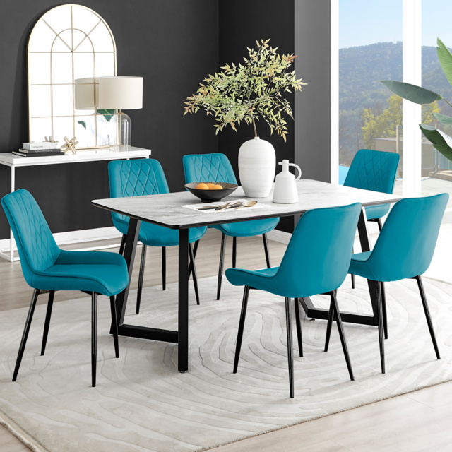 Furniturebox Copeland Cesano Marble Effect 6 Seater Dining Set White Blue and Black - Wilko - image 1