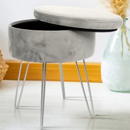 Harbour Housewares Grey and Silver Velvet Round Footstool with Storage - Size: 45 x 36 x 36cm - Wilko