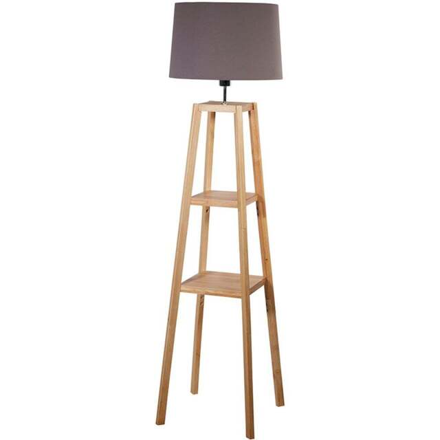 Lighting Collection Harvey 2 Shelf Grey Fabric Drum Shade Wood Shelf Floor Lamp - Size: 36 x 45 x 46.5cm - Natural and Grey - Wilko - image 1