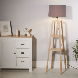 Lighting Collection Harvey 2 Shelf Grey Fabric Drum Shade Wood Shelf Floor Lamp - Size: 36 x 45 x 46.5cm - Natural and Grey - Wilko - thumbnail 3