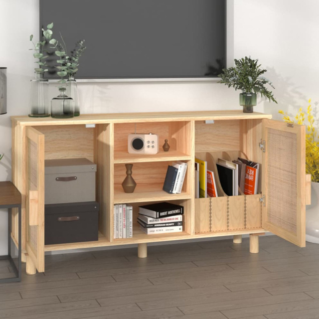 vidaXL 2 Door 3 Open Shelf Solid Wood Pine and Natural Rattan Sideboard - Size: 60 x 105 x 30cm - Brown - Wilko - image 1