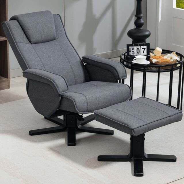 Portland Grey Linen Upholstered Swivel Rocker Recliner Chair with Footstool - Size: Single - Wilko - image 1