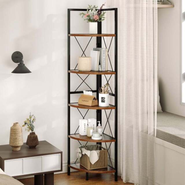 Costway 5 Tier Rustic Brown Metal Corner Bookshelf - Size: 35 x 35 x 160cm - Wilko - image 1