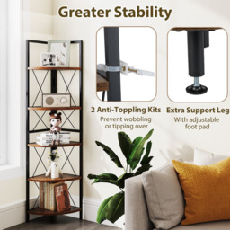 Costway 5 Tier Rustic Brown Metal Corner Bookshelf - Size: 35 x 35 x 160cm - Wilko - thumbnail 6