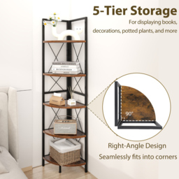 Costway 5 Tier Rustic Brown Metal Corner Bookshelf - Size: 35 x 35 x 160cm - Wilko - thumbnail 7