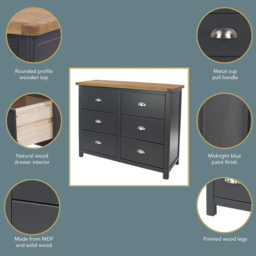 Core Products Dunkeld 6 Drawer Midnight Blue Wide Chest of Drawers - Size: 3+3 Drawers - Wilko - thumbnail 4