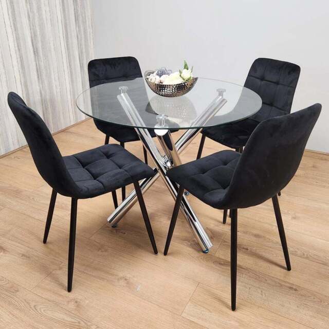 Kosy Koala 4 Seater Glass and Velvet Round Dining Set Chrome and Black - Multi - Portland - Wilko - image 1