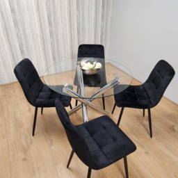 Kosy Koala 4 Seater Glass and Velvet Round Dining Set Chrome and Black - Multi - Portland - Wilko - thumbnail 3