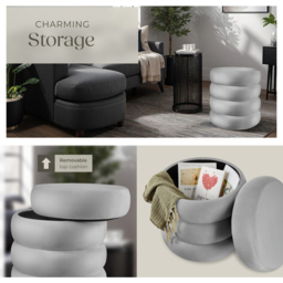 tectake Altu Grey Velvet Look Stool with Storage - Size: 47 x 42 x 42cm - Wilko - thumbnail 6