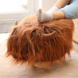 Gardeco Fergus The Highland Cow Dark Brown Synthetic Fur Footstool - Size: 36 x 61 x 32cm - Wilko