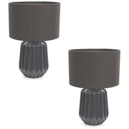ValueLights Zak Fabric Lamp Shade Charcoal Grey Pleated Textured Ceramic LED Table Lamp 2 Pack - Size: 38 x 25 x 25cm - Wilko