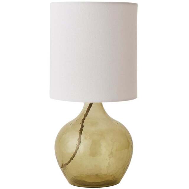 ValueLights Emily Natural Linen Drum Shade Dark Green Glass Teardrop LED Table Lamp - Size: 37.5 x 18.5 x 18.5cm - Wilko - image 1