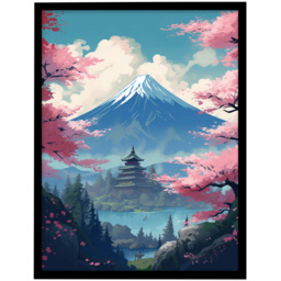 Artery8 Japanese Temple Mount Fuji Lake Pink Cherry Blossom Trees Framed Wall Art Print 30 x 41cm - Size: 43.3 x 33.3 x 1.5cm - Blue - Wilko - thumbnail 1